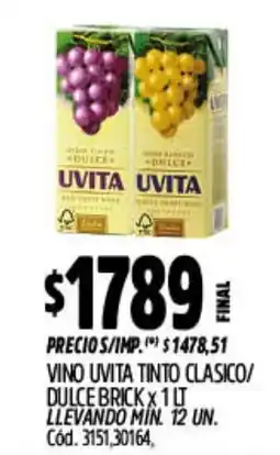 Supermercados Yaguar Uvita vino tinto clasico/ dulce brick oferta