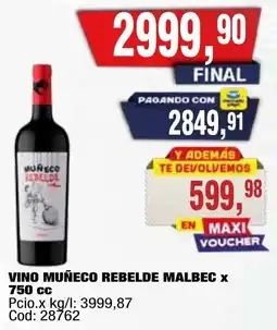Maxiconsumo Muñeco vino rebelde malbec oferta