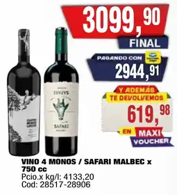 Maxiconsumo Vino 4 monos safari malbec oferta