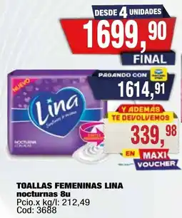 Maxiconsumo Lina toallas femeninas nocturnas 8u oferta