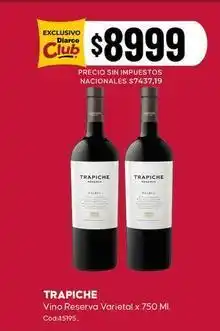 Diarco Trapiche - vino reserva varietal x 750 ml oferta