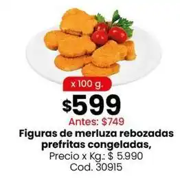 Figuras de merluza rebozadas prefritas congeladas, cod. 30915