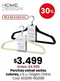 Coto Perchas velvet varios colores, x 5 u. cod. 602016-602018 oferta