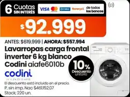 Changomas Codini lavarropas carga frontal inverter 6 kg blanco oferta