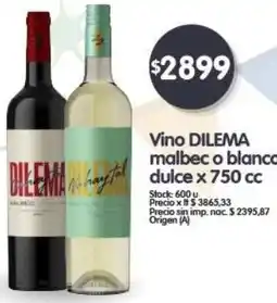 Supermercados Buenos Días DILEMA Vino malbec o blanco dulce x 750 cc oferta