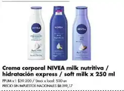 Disco Nivea crema corporal milk nutritiva / hidratación express / soft milk oferta