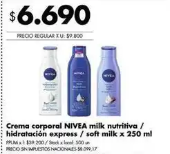 Disco Nivea - crema corporal milk nutritiva / hidratación express / soft milk oferta