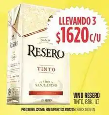 Supermercados Vea Resero - vino reservo tinto, brk. 1lt oferta