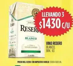 Supermercados Vea Resero - vino reservo blanco brk. 1lt oferta