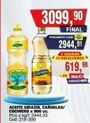 Maxiconsumo Cocinero - aceite girasol cañuelas/cocinero x 900 cc. pcio.x kg/l: 3444,33 cod: 218-300 oferta