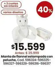 Coto Manta de flannel estampada con peluche, cod. 596324-596325-596327-596329-596316-596317 oferta