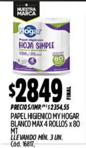 Supermercados Yaguar My hogar papel higienico hoja simple oferta