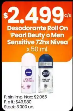 Changomas Nivea desodorante roll on pearl beauty o men sensitive 72hs oferta