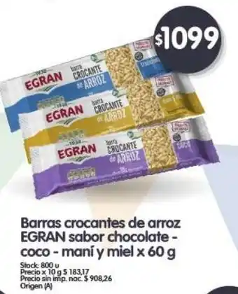 Egran barras crocantes de arroz sabor chocolate - coco - maní y miel