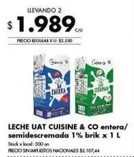Disco Leche uat cuisine & co entera/semidescremada 1% brik x 1 l oferta