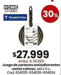 Coto Tramontina - juego de sartenes antiadherentes varios colores, set x 3 u. cod. 624025-624026-624024 oferta