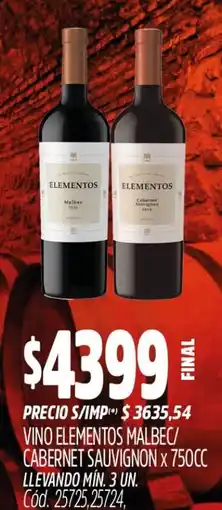 Supermercados Yaguar Elementos vino malbec/ cabernet sauvignon oferta