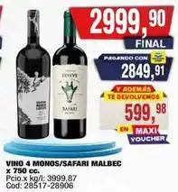 Maxiconsumo Vino 4 monos/safari malbec x 750 cc. cod: 28517-28906 oferta