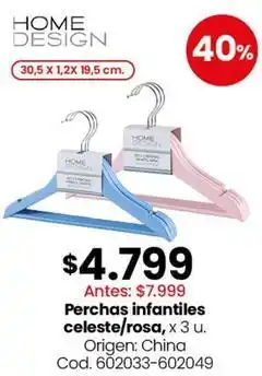 Coto Origen - perchas infantiles celeste/rosa, x 3 u. cod. 602033-602049 oferta