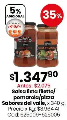 Coto Sabores del valle salsa lista filetto/pomarola/pizza oferta