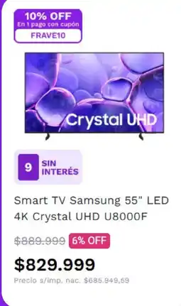 Frávega Samsung smart tv 55" led 4k crystal uhd u8000f oferta
