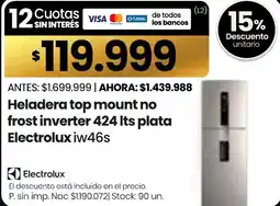 Changomas Electrolux heladera top mount no frost inverter 424 its plata oferta
