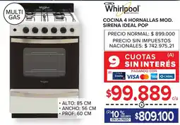 Carrefour Whirlpool cocina 4 hornallas mod. sirena ideal pop oferta