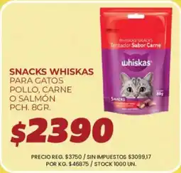 Supermercados Vea Whiskas snacks para gatos pollo, carne o salmón oferta