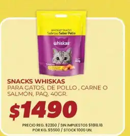 Supermercados Vea Whiskas snacks para gatos, de pollo, carne o salmón oferta