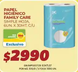Supermercados Vea Family care papel higiénico simple hoja oferta