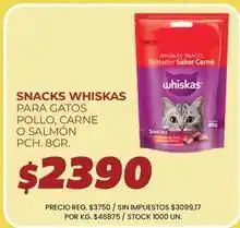Supermercados Vea Whiskas - snacks para gatos pollo, carne o salmón pch. 8gr oferta