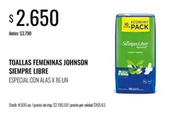 Supermercados Tadicor Johnson toallas femeninas siempre libre especial con alas oferta
