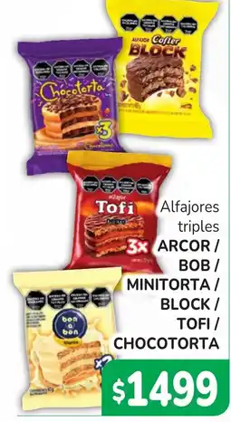 Unico Supermercados Alfajores triples ARCOR / BOB / MINITORTA / BLOCK / TOFI / CHOCOTORTA oferta