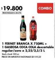 Disco Coca cola - fernet branca x 750ml + gaseosa coca cola descartable regular/zero oferta