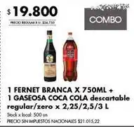 Jumbo Coca cola - fernet branca x 750ml + gaseosa coca cola descartable regular/zero x 2,25/2,5/3 l oferta