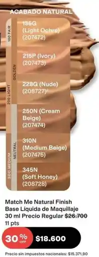Avon Match - me natural finish base líquida de maquillaje 30 ml oferta