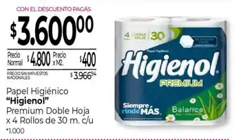 La Anonima Higienol papel higiénico premium doble hoja oferta