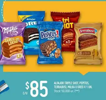 Alfajor triple shot, pepitos, terrabusi, milka.u oreo
