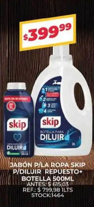 Supermercados Todo Skip Jabón P-La Ropa P-Diluir Repuesto+ Botella 500ml oferta
