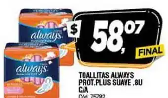 Supermercados Yaguar Always Toallitas Prot.Plus Suave .8U C/A oferta