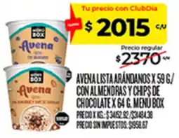 Supermercados DIA Menu box avena lista arándanos con almendras y chips de chocolate oferta