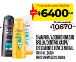 Supermercados DIA Dove shampoo / acondicionador brillo / control caspa / crecimiento x 400 ml. oferta