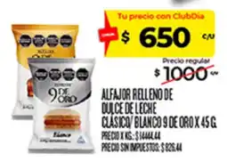 Supermercados DIA 9 de oro alfajor relleno de dulce de leche clasico/ blanco oferta