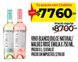 Supermercados DIA Emilia vino blanco dulce natural/ malbec rosé oferta