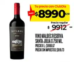 Supermercados DIA Santa julia vino malbec reserva oferta