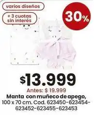 Manta con muñeco de apego, 100 x 70 cm. cod. 623450-623454-623452-623455-623453