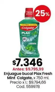 Colgate - enjuague bucal plax fresh mint, x 750 ml. cod. 559978