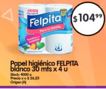 Supermercados Buenos Días Felpita Papel higienico blanco 30mts x 4u oferta