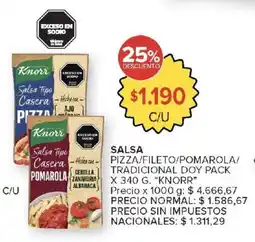 Carrefour Market Knorr salsa tipo casera pizza/fileto/pomarola/tradicional doy pack oferta