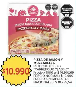 Carrefour Carrefour classic pizza media masa congelada mozzarella y jamón oferta